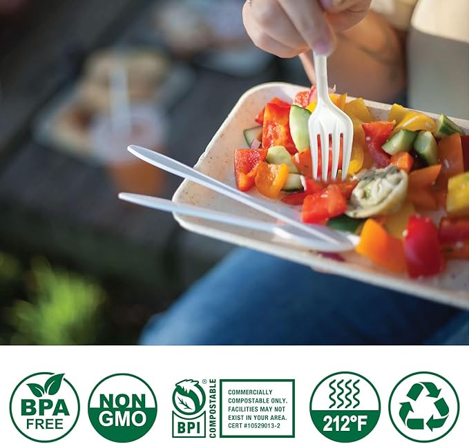 100% Compostable No Plastic Knives Forks Spoons Utensils, The Heavyweight Heavy Duty Flatware is Eco Friendly Products for Lounge Party Wedding BBQ Picnic Camping.