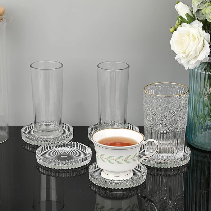 JUXYES 8 Pack Clear Crystal Coasters Round Cup Mat, Glass Coasters for Drinks Coffee Tea Wine, Decorative Wine Bottle Coaster, Crystal Drink Coasters for Restaurant bar Kitchen Dining Table