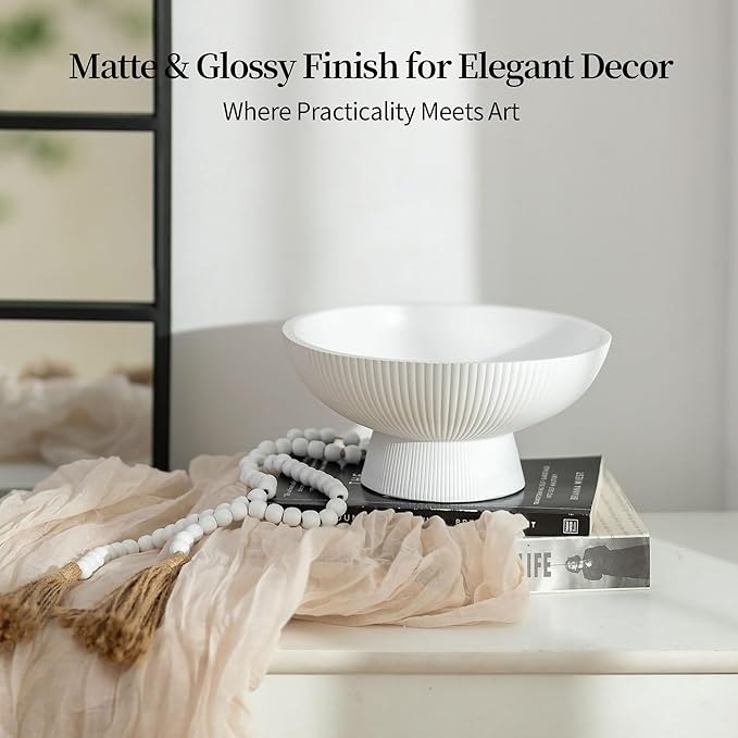 Hanobe Decorative Bowl Entryway Table: Coffee Table Decor for White Fluted Dough Pedestal Bowls - Modern Farmhouse Decor Marble Bowl for Pottery Barn Decor - Footed Key Holder for Home Kitchen Counter