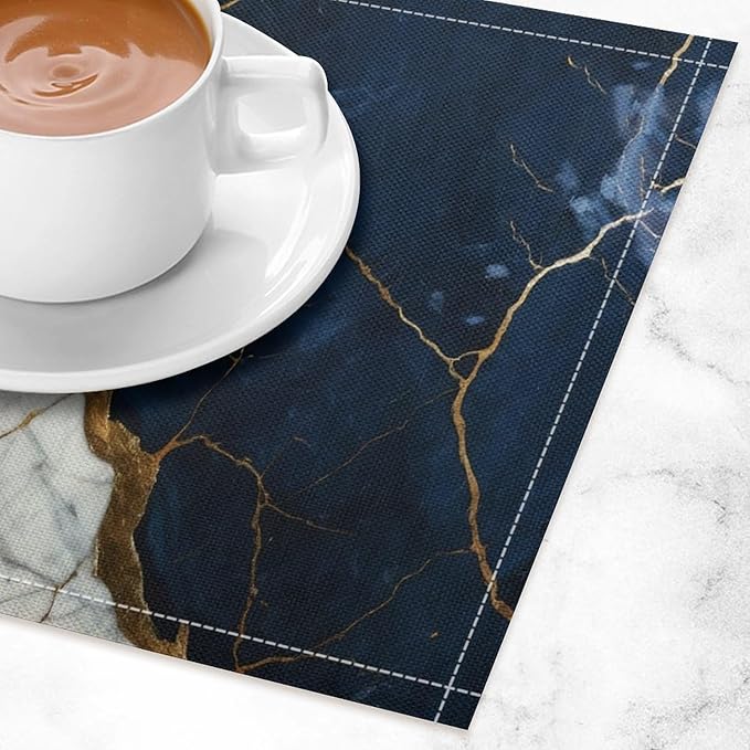 Marble Linen Place Mats Set of 2, 12x17 Inch Modern Abstract Foil Texture White Navy Blue Gold Marble Washable Fabric Non-Slip Placemats for Home Dining Table Banquets Party Kitchen Decoration