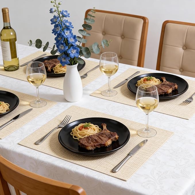Timeet Placemats Set of 8, Heat Resistant Non-Slip Place Mats for Dining Table, Durable Washable PVC Vinyl Woven Table Mats, Linen Textured Placemats for Kitchen Resistant Easy to Clean(Beige
