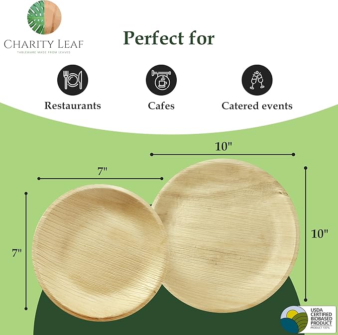 Charity Leaf 25-Pack 10" Round & 25-Pack 7" Round Compostable Palm Leaf Plates | Perfect for Parties, Weddings, and Catering Events