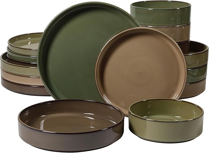 Bloomhouse - Two Time Oprah's Favorite Things WInner - Santorini Mist 16 Piece Double Bowl Terracotta Dishes Reactive Glaze Plates and Bowls Dinnerware Set - Assorted Colors - Service for 4