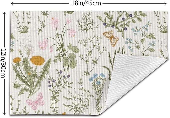 Placemats Set of 4 Vintage Wildflower Herbs Floral Rustic Butterfly Place Mats Floral Woven Table Mats Washable PVC Placemat for Dining Kitchen Decor Indoor Outdoor, 12 x 18 Inch