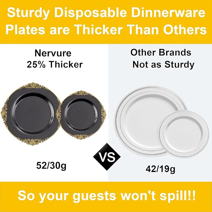 Nervure 100PCS Black and Gold Plastic Plates - 10.25Inch Black Disposable Plates - Black Plastic Dinner Plates for Wedding & Party & New Year