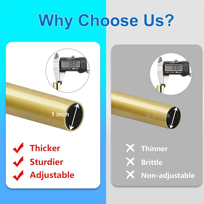 Curtain Rods for Windows 16 to 120 Inches Adjustable Length 1 Inch Diameter Window Curtain Rod with Aluminium Finials, Flash Gold