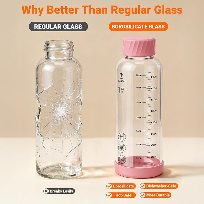 12 oz Glass Juice Bottles – 4 Pack Glass Water Bottles with Stainless Steel Lids – Leakproof, BPA Free, Heat-Resistant Borosilicate Glass for Juicing, Smoothies, Milk, Protein, Beverage Storage