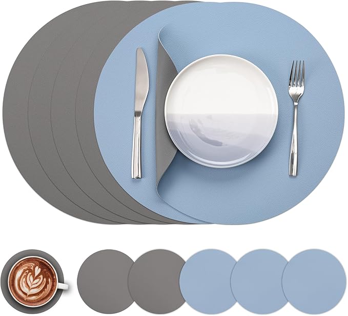 Myir JUN Round Placemats Set of 6 Faux Leather Place Mats and Coasters 15 inch Round Table Mats Dual Sided Non-Slip Stain Resistant Placemats (Gray & Sky Blue, Set of 6)