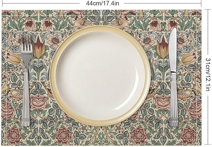 William Morris Placemat Set, Beige Blue Pink Vintage Rustic Art Exotic Ethnic Floral Bird Seamless Pattern Home Decor Linen Table Mats for Dining Room Kitchen Party (17x12in) x6P