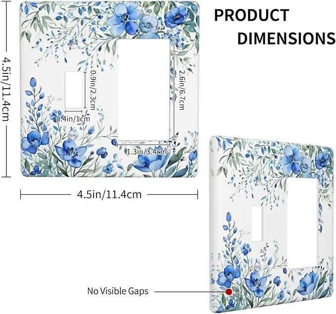 Light Switch Cover Blue Watercolor Flowers Retro Floral Leaves 2 Gang Toggle Rocker Combo Socket Cover Wall Plates Decorative Switch Plates and Outlet Covers for Bathroom Bedroom Decor