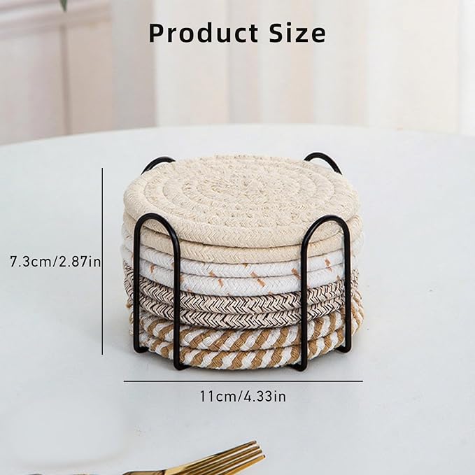 8 Pcs Drink Coasters with Holder, Handwoven Cotton Coasters Set Stackable Absorbent Minimalist Home Decor for Table, Cup, Mug (Black and Beige)