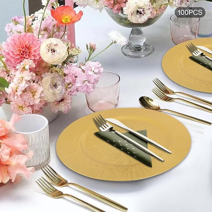 Charger Plates, 100pcs Gold 13inch Plastic Dinner Plate, Round Plastic Dinner Plate with Delicate Texture for Parties Wedding (Gold)