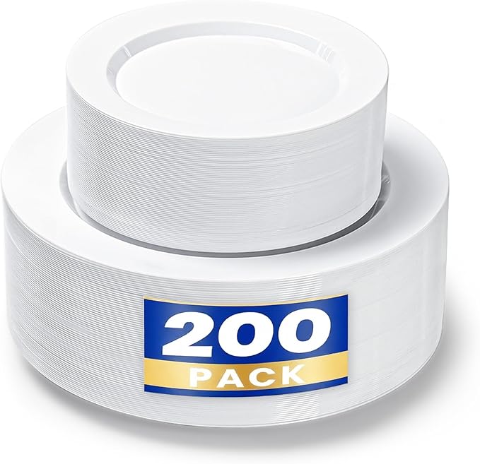 200PCS White Plastic Plates, Heavy Duty Plastic Plate Disposable, Include 100 Dinner and 100 Dessert Plates for Party and Wedding