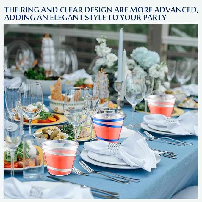 Gejoy 9 oz Rimmed Swirl Plastic Cups Disposable Wine Drinking Cups Clear Elegant Halloween Tumblers for Christmas Party Supplies(Silver, Blue,100 Pcs)