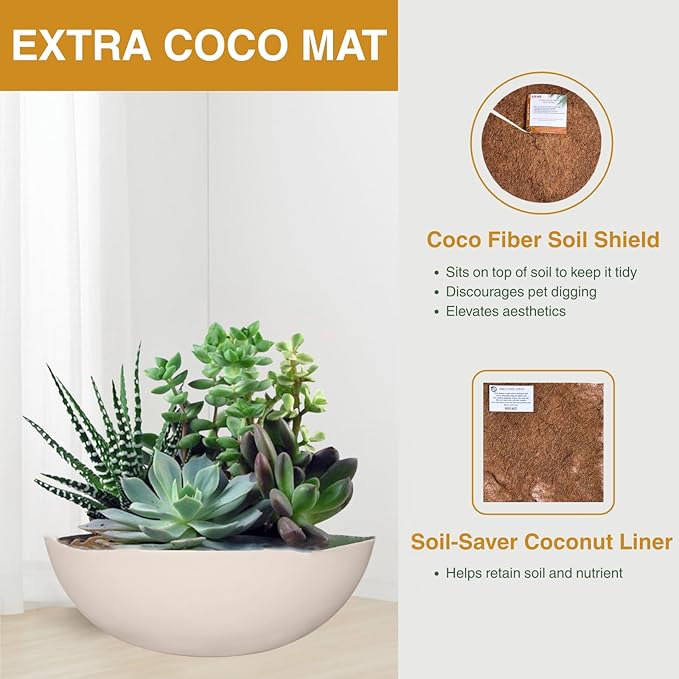 7.7" H x 22" D Round Bowl Fiberstone Planter for Succulent and Lotus with Drainage Hole, Smooth Finishes, Weather Resistant, Included 2 Extra Coco Mats (Kilim Beige, 19.9" Pot Opening)