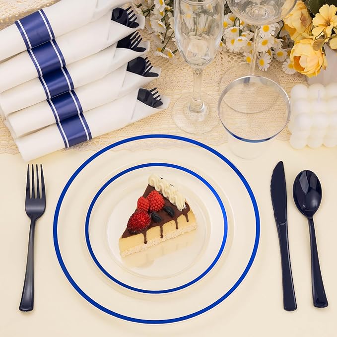 700PCS Clear Blue Disposable Plastic Dinnerware Set for 100 Guests, 200 Plastic Plates, 100 Cups, 100 Pre-Rolled Napkins with Cutlery for Party, Birthday, Christmas, Wedding, Thanksgiving, Halloween