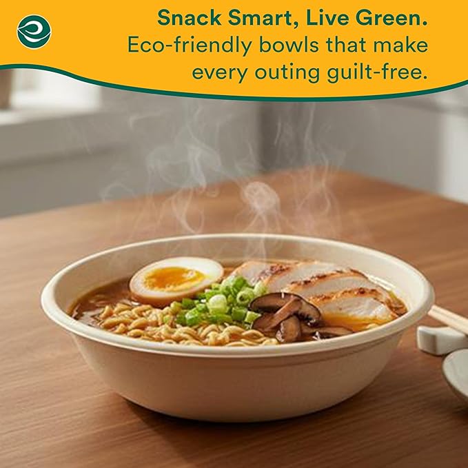ECO SOUL 100% Compostable 32 Oz Soup Bowls [100-Pack] Disposable Sturdy Bowls I Heavy Duty Paper Bowl I Eco-Friendly Salad Bowl I Biodegradable Large