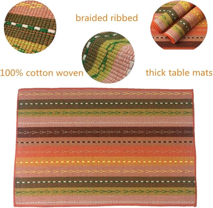 WAZAIGUR Hand Woven with 100% Cotton Placemats Colorful Placemats Braided Ribbed Durable Heat-Insulation Table Mats Set of 8,Orange