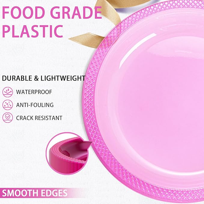 WELLIFE Neon Pink Party Plates 9 Inch -150 Count, Translucent Pink Plastic Disposable Dessert Plates for Fluorescent Neon Theme Party Cake Appetizers Valentine's Day Easter Baby Shower Mother's Day