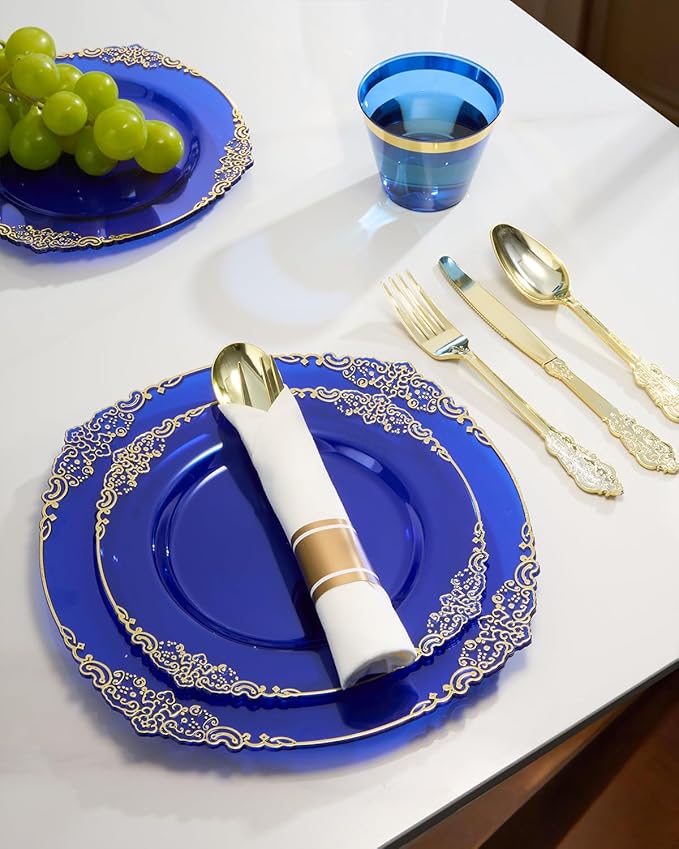 Goodluck 350 Piece Clear Blue Plastic Dinnerware Set for 50 Guests, Fancy Disposable Plates, Include: 100 Blue Rim Plastic Plates, 150 Silverwares, 50 Pre Rolled Napkins, 50 Cups for Party, Wedding