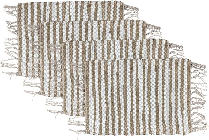 Perilla Home Placemat Set of 4 - Cotton Jute Blend Square Placemats - Farmhouse Rustic Woven Bohemian Machine Washable Table Mats with Tassels for Dining Table Decor (Brown & White)