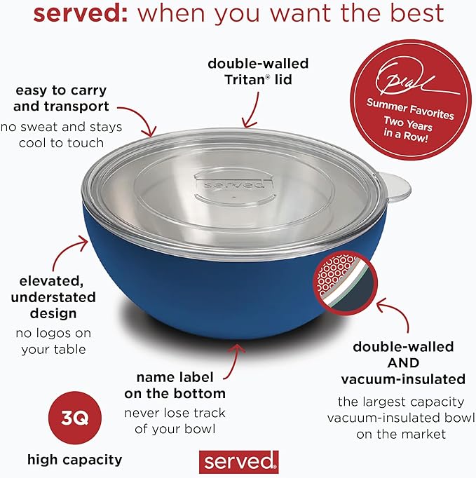 served Large Insulated Serving Bowl with Lid (100oz/3QT) - Double-Walled Stainless Steel Bowl for Hot & Cold Food - Vacuum Insulated, Spill-Resistant Thermal Bowl for Parties, Casseroles, Tailgates