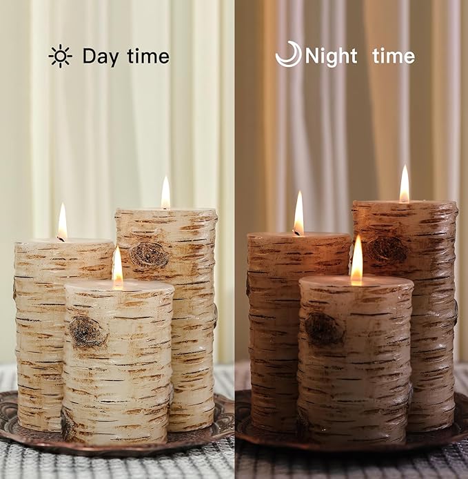 Black Birch Bark Texture Pillar Candles Set - Real Wax 3 Sizes (4", 5", 6" Tall) Rustic Decor Fireplace Candles, Unscented Woodland Style Pillar Candle for Home, Dining Table, Holiday Decor