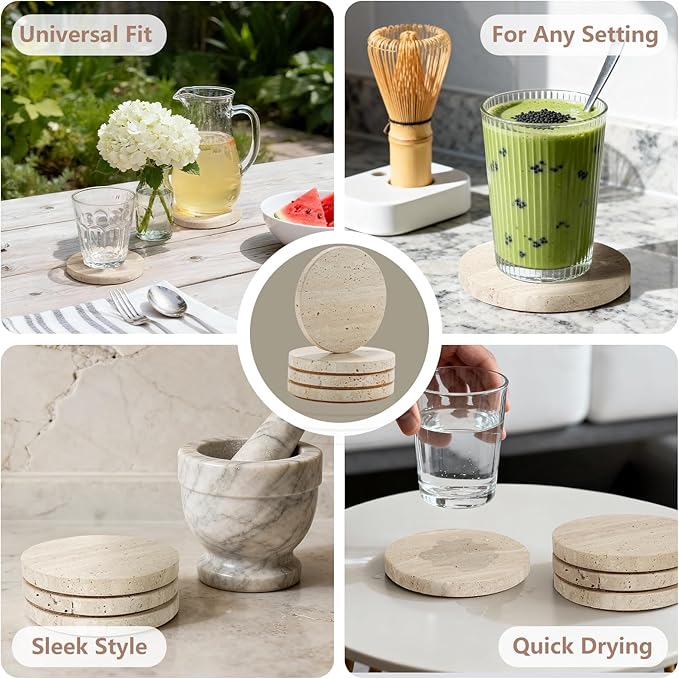 4-Inch Beige Travertine Coasters Set of 4 - Natural Limestone Absorbent Drink Coasters with Non-Slip Cork Backing, Protect Countertops from Stains and Scratches