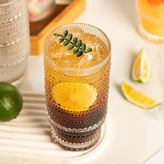 16oz Drinking Glasses Set of 4, 2 Hobnail Glasses & 2 Embossed Water Goblets, Flower Design Stackable Vintage Tumbler Glasses, Old Fashion Beaded Glass Cups for Cocktail, Iced Coffee, Beer
