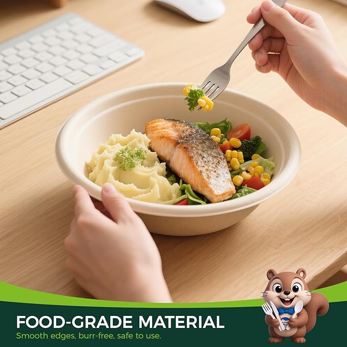50-Pack 24oz Round Disposable Bowls with Lids - 100% Sugarcane Fiber, Paper Round Bowls for Soup, Salad, Ramen, Popcorn