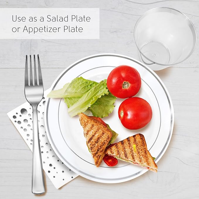 Stylish Disposable Party Set - 100 Cups, Forks, Napkins, 7.5 Inch Dessert Plates, Cake Plates, Appetizer Plates