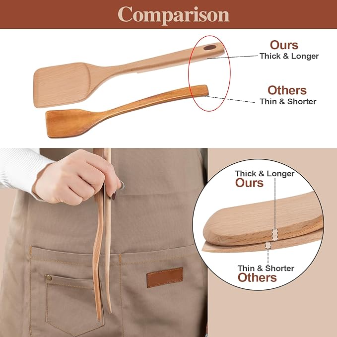Wooden Cooking Utensils, 6 Pieces Natural Beech Wooden Spoons For Cooking with Unique Notch & Heat Resistant Design, Non-Stick Wood Kitchen Utensil Set with Hanging Hole for Kitchen Essentials
