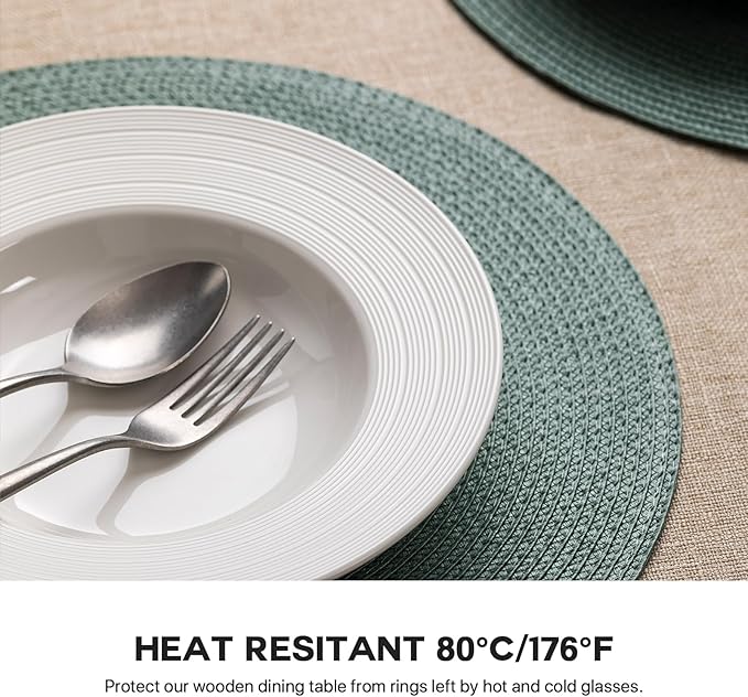 Round Placemats Set of 4 Plastic Woven Placemats Washable Wipeable Table Mats for Dining Table Heat Resistant Non-Slip Circle Place Mats (Dusk Green)