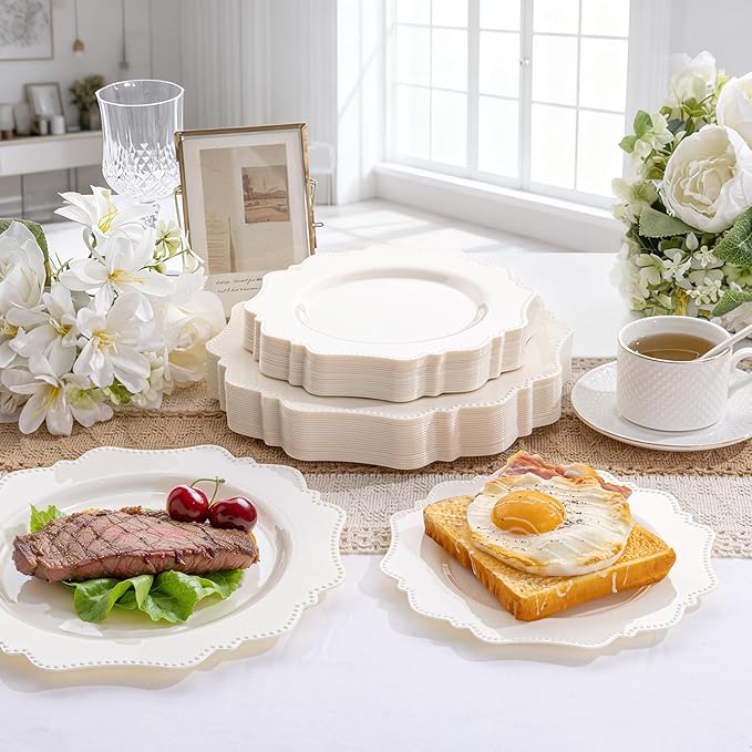 COLOSUS 60pcs Ivory Plastic Plates -Elegant Plastic Plates,Heavy Duty Cream Disposable Plates for Party Include 30 pcs Dinner Plate and 30 pcs Dessert Plate for Wedding/birthday/baby shower