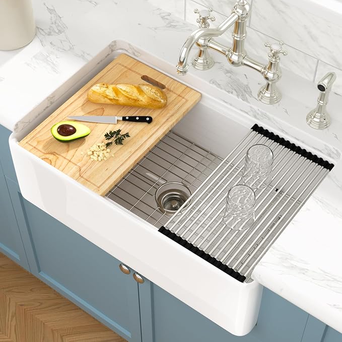 Sarlai 33 White Farmhouse Kitchen Sink - 33x20 Inch Farm Kitchen Sink Ledge Workstation White Ceramic Porcelain Fireclay Farmer Sinks 10" Inch Deep Single Bowl Basin with Assesory Kit