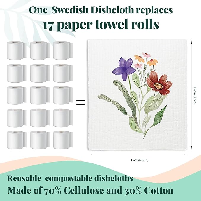 Spring Flower Swedish Dishcloths for Kitchen, Swedish Dish Cleaning Cloths for Floral, Papaya Reusable Paper Towels, 4 Pack Dish Towels for Kitchen, Reusable Paper Dishcloths Washable