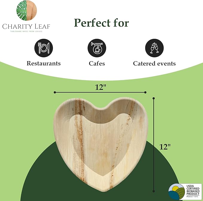 Charity Leaf Disposable Palm Leaf 12" Heart Plates (100 pieces) Bamboo Like Serving Platters, Disposable Boards, Eco-Friendly Dinnerware For Valentines, Weddings, Catering, Events