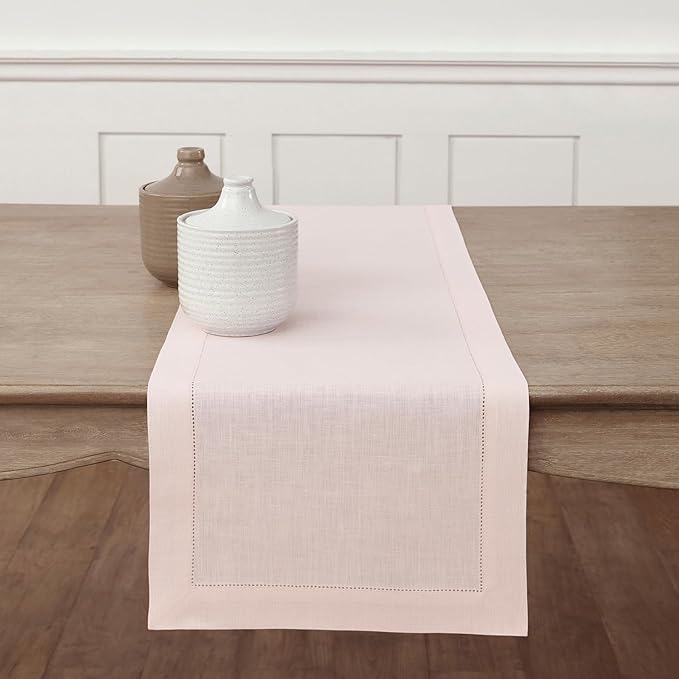 Solino Home Linen Pink Table Runner 36 Inches - Classic Hemstitch, 100% Pure Linen Coffee Table Runner 14 x 36 Inch Ideal for Dresser Tables - Valentines, Spring, Easter