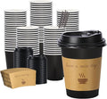 100 pack 12 oz Thickened Coffee Cups with Lids, Scald Resistant Hot Cups with Sleeve and Straw, To Go Coffee Cups for Home, Office, Cafes and Party (Black 12oz)