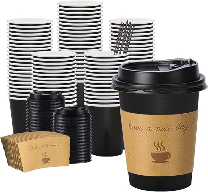 100 pack 12 oz Thickened Coffee Cups with Lids, Scald Resistant Hot Cups with Sleeve and Straw, To Go Coffee Cups for Home, Office, Cafes and Party (Black 12oz)