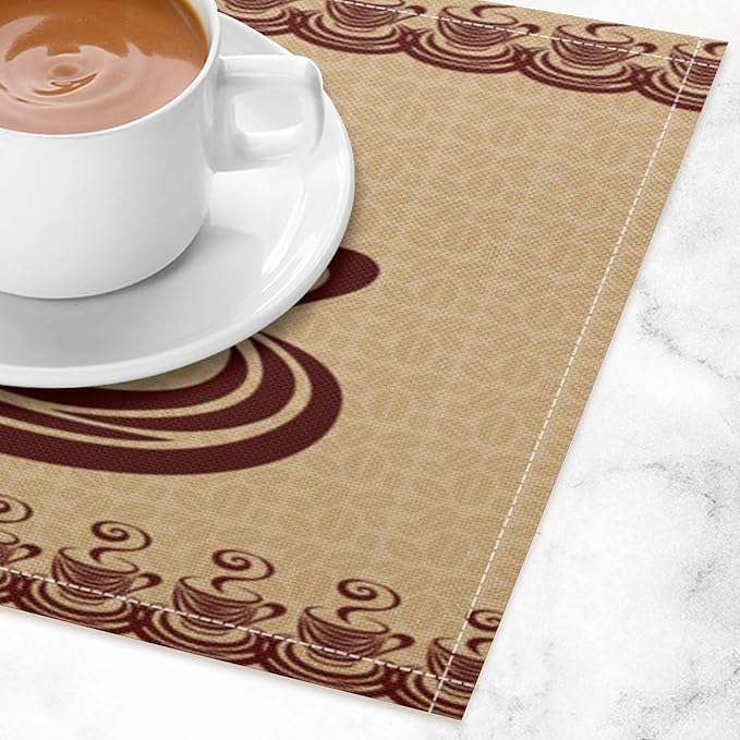 Vintage Coffee Theme Placemat Set, Minimal Rustic Farmhouse Brown Beige Geometric Coffee Cup Beans Seamless Pattern Home Decor Linen Table Mats for Dining Room Kitchen Party (17x12in) x6P