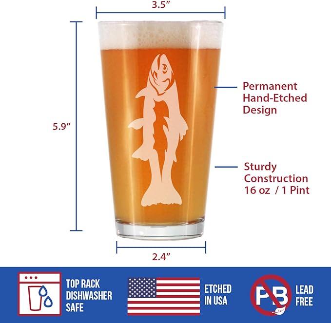Bevvee Trout - Pint Glass for Beer - Trout Fishing Gifts for Fisherman - Fun Fish Cups & Lake House Decor - 16 oz