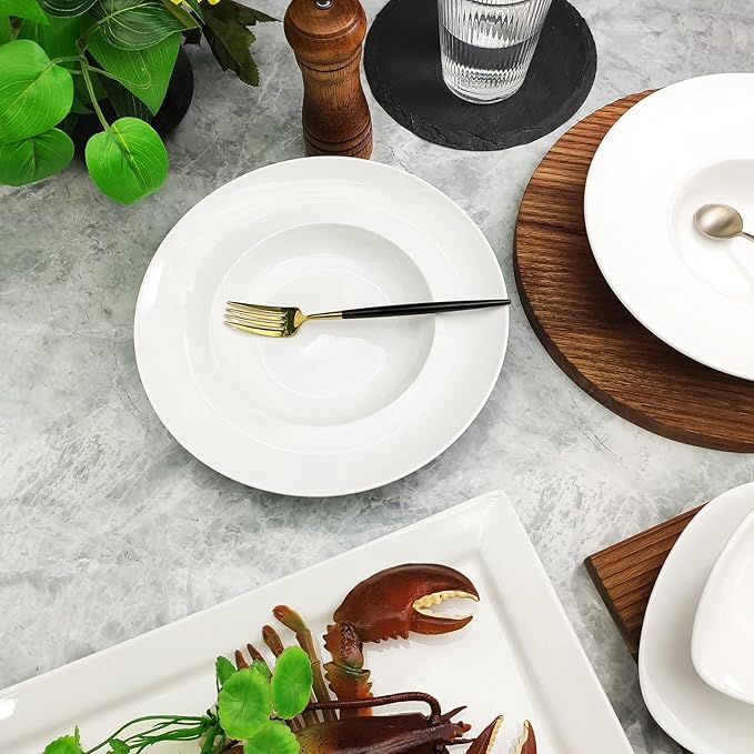Pasta Plates with Rim 6.8 oz, Soup Bowl Pasta Bowl Set of 4, White Shallow Bowl Plate, Ceramic Wide Rimmed Soup Bowl, Best choice for high-end restaurants, hotels, and foodies, 9.2 Inch