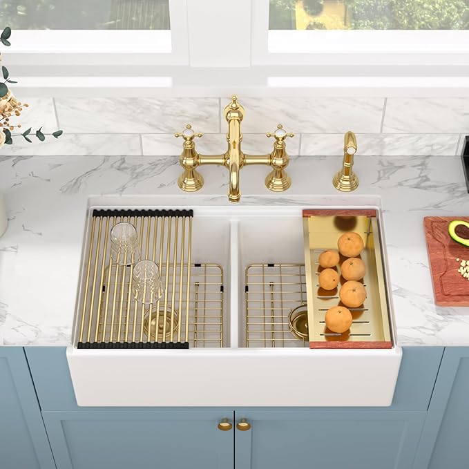 Sarlai 33 White Farmhouse Kitchen Sink Double Bowl - 33x20 Inch Apron Front Kitchen Sink Workstation Reversible Undermount Ceramic Fireclay Farmer Sinks Basin With Gold Accessories