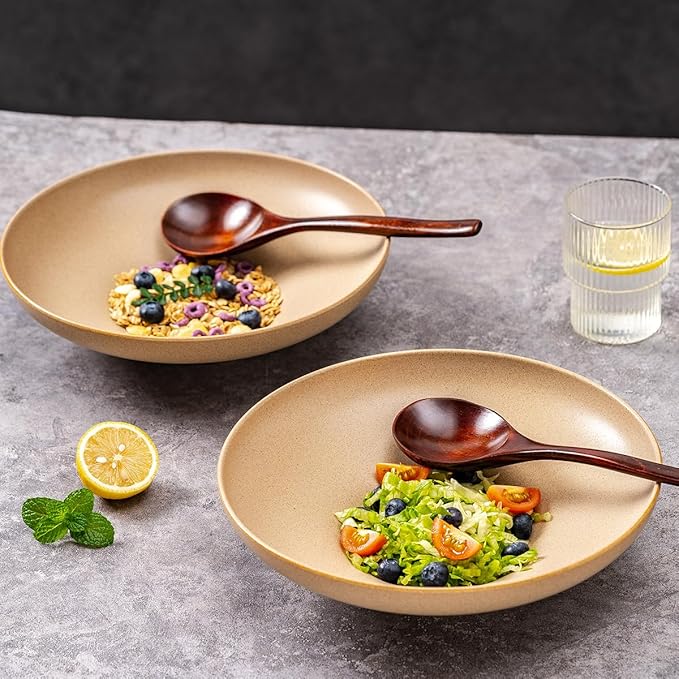 Ceramic Serving Bowls with Wooden Spoons Set of 2, Large Serving Bowl for Dinner Salad Soup Pasta Dessert Fish Fruit Chicken Bread, Oven Dishwasher Safe, 50oz Bowl for Entertaining, 9.75"