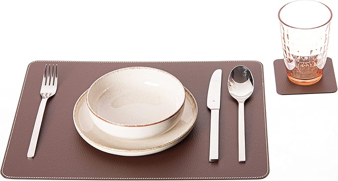 Nikalaz Set of Small Brown Placemats and Coasters, 4 Table Mats and 4 Coasters, Recycled Leather, Place Mats 15.75'' x 11.8'' and Coasters 3.9'' x 3.9''