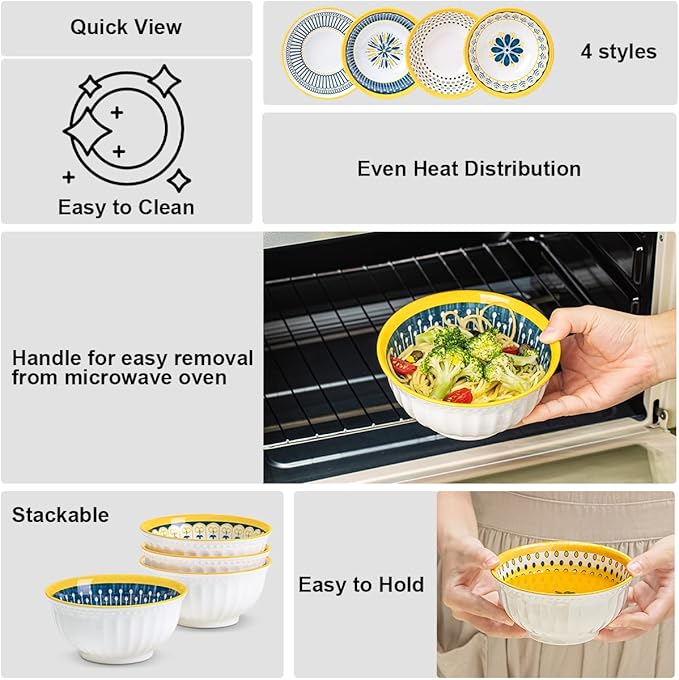 Yeacccng Cereal Bowls Set of 4, 27 Oz Colorful Cereal Bowls, 6.14 Inch Ceramic Soup Bowls for Soup, Cereal, Oatmeal, Fruit, Pasta, Scratch-Resistant, Lead-Free, Dishwasher & Microwave Safe
