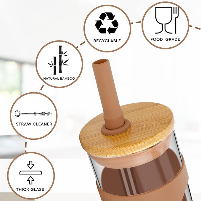 Tronco 22oz Glass Tumbler with Bamboo Lid and Straw, Glass Cup For Boba,Iced Coffee,Smoothie, Spill Proof Glass Water Bottle With Silicone Protective Sleeve, Dishwasher Safe,BPA Free