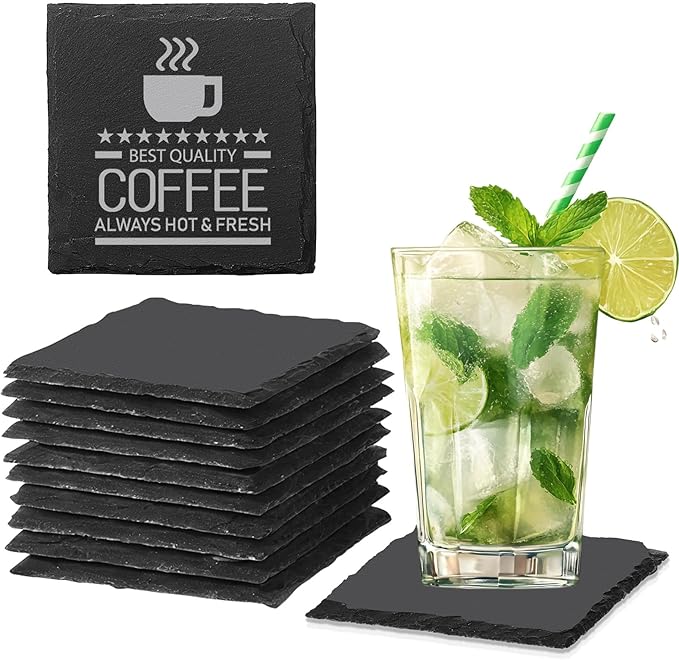 12 PCS Slate Coasters Black Square 4 Inch Bulk Rock, Blank Laser Engraving, Scratch Resistant Bottom, Home Office Kitchen Gift Wedding Bar Party Square Coasters