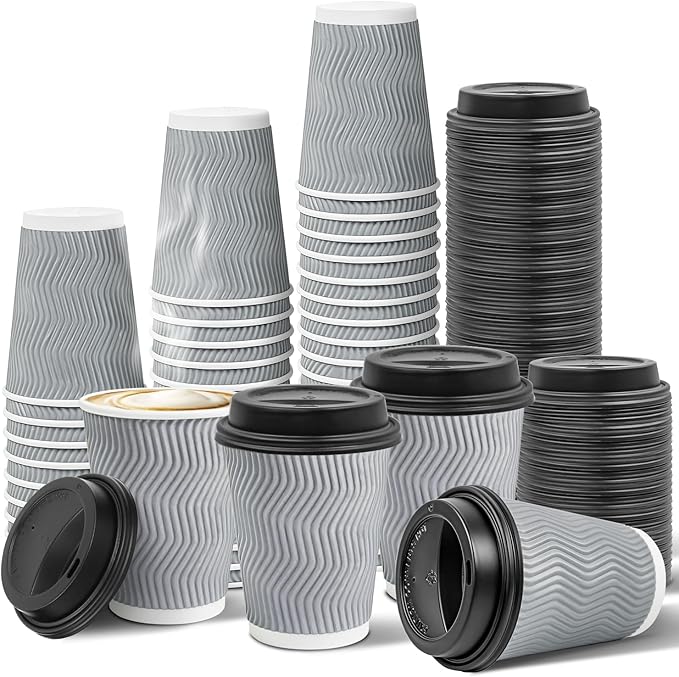 Ginkgo 100 Pack To Go Paper Coffee Cups With Lids, 12 oz Disposable Double-Walled Ripple Insulated Hot Cups for Hot Drinks, Lattes, Travel Cups, Medium, Gray